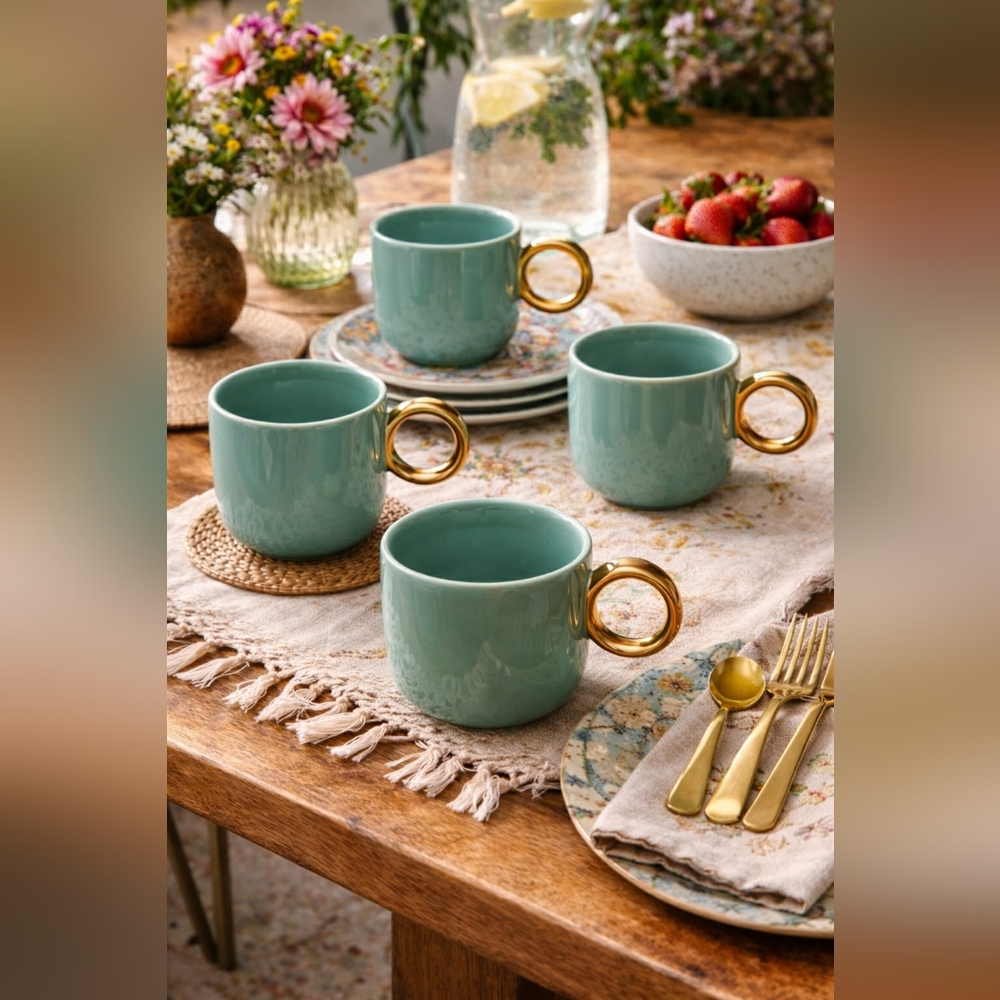 NWT Set Of 4 Threshold Teal Mug with Gold Handle